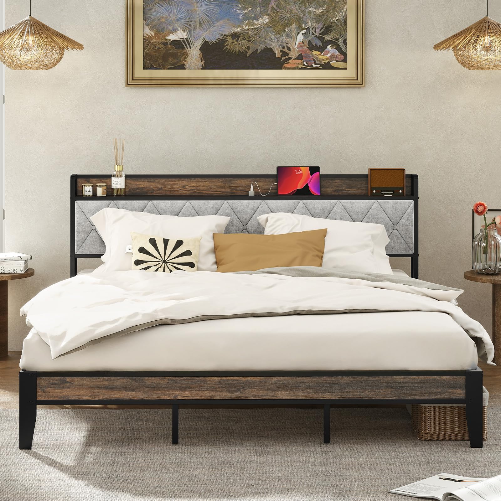 Photo 1 of ****FACTORY SEALED****
Sweetcrispy King Bed Frame with Headboard, Storage Headboard with USB Charging Station, Durable Squeak-Free Frame, Simple No-Tool Assembly,Works with King Mattress No Box Spring Needed