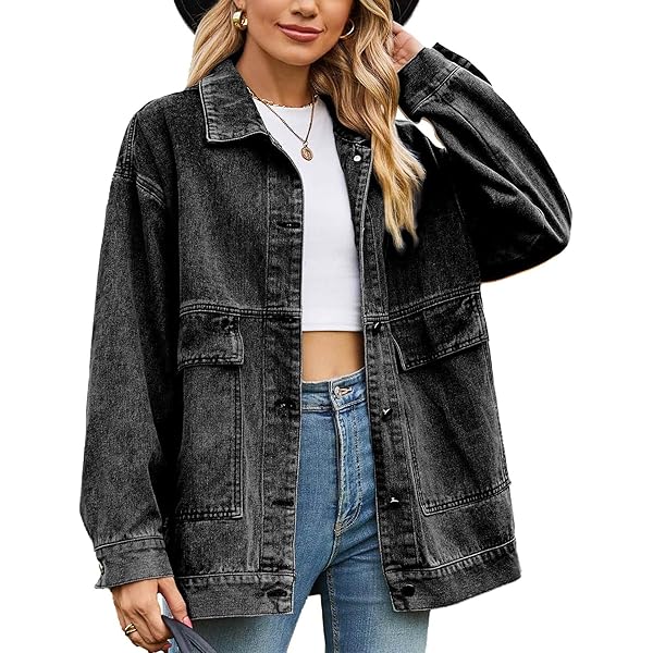 HangNiFang Oversized Black Denim Jacket for Women Boyfriend Mid