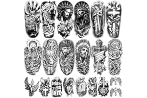 YAZHIJI 77 Sheets Christian Temporary Tattoo Adult, Religious Jesus Christ Cross Angels God Half Arm Fake Tattoos, Christ Catholic Realistic Tiny Body Temporary Tattoos for Men and Women Kids