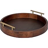 Kate and Laurel Lipton Mid-Century Modern Round Wooden Tray, 15.5" Diameter, Dark Walnut Brown with Gold Handles, Decorative 