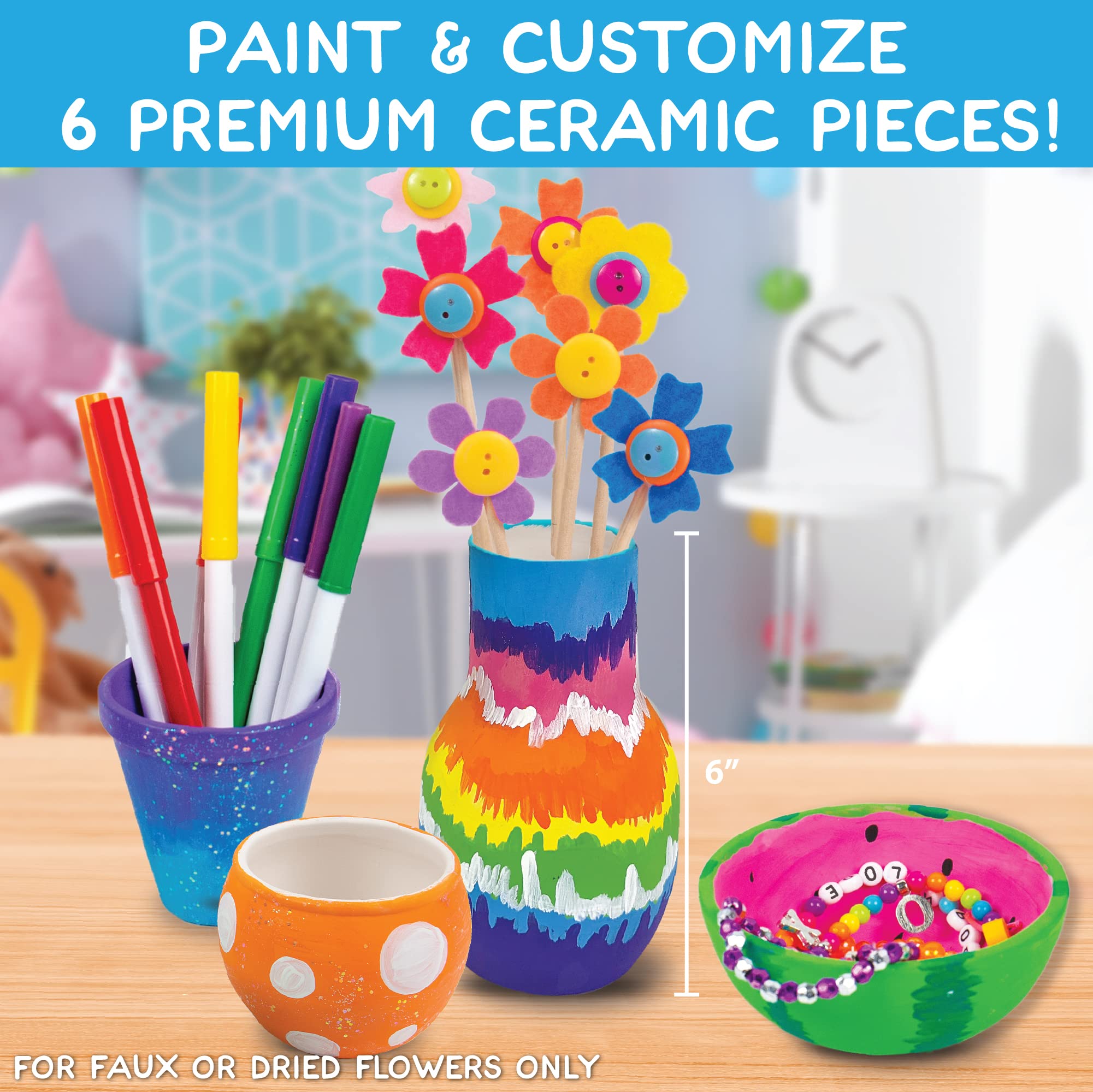 Made By Me Paint Your Own Ceramic Pottery, Fun Ceramic Painting Kit for Kids, Paint Your Own Ceramic Pottery Dish, Flower Pot, Vase & Bowl, Great Staycation Activity for Kids Ages 6, 7, 8, 9, Multi