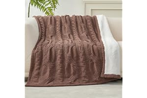 Amélie Home Chenille Sherpa Cable Knit Throw Blanket for Couch, Reversible Soft Cozy Warm Winter Fleece Throw Blankets for Bed Sofa Chair Living Room Comfortable Home Decor,Brown,50 x 60 inch