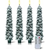 Stmarry 4 PCS Flameless Christmas Tree Candles with Remote, Snow Covered Real Wax Flameless Taper Candles 9.65 Inch, LED Candlesticks Battery Operated with 3D Flickering Flame, Christmas Candles Decor