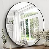 42 Inch Round Bathroom Mirror - Black Wall Mounted Circle Mirror with Metal Frame, Modern Round Hanging Mirror Suitable for B