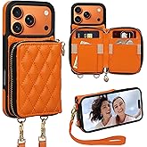 Keallce for iPhone 17 Pro 6.3'' Wallet Case, Crossbody Zipper Purse with Wristlet for Women, RFID Blocking Card Holders, Flip Leather Case for iPhone 17 Pro, Orange
