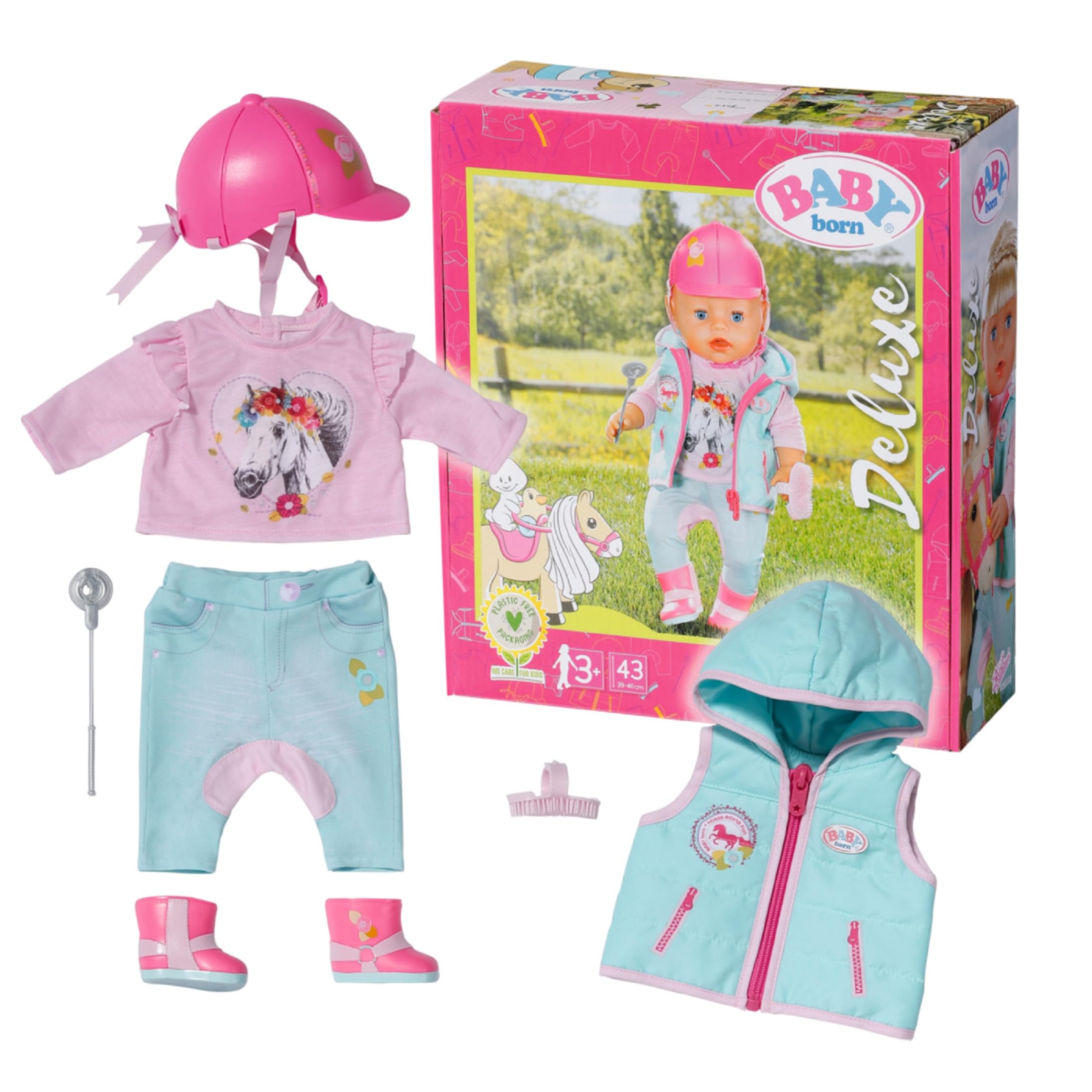 BABY born Deluxe Rider Outfit 831175 - Includes Trousers, Boots, Helmet, Horse Shirt, Vest, Riding Breeches, Whip, and Curry Comb for 43cm Dolls - Suitable for Children from 3 years Old