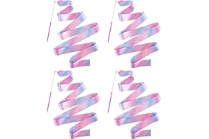 HiUnicorn 4PCS Sparkly Dance Ribbon for Kids Girls Princess Mermaid Ballet Ballerina Gymnastics Birthday Party Favors Decorations, Twirl Streamer Ribbon Dancer Wands for Class Talent Shows