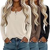 Oakgarden 3 Pack Women's Henley Button Shirts Long Sleeve Tops Fall T-Shirts 2026 Casual Trendy Loose U Neck Tee Blouses