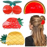 4 PCS Fruit Hair Claw Clips Cute Cherry Hair Clip Stylish Strawberry Barrettes Non-Slip Strong Jaw Clips Cellulose Acetate Hair Accessories for Women Girls Daily Birthday Party Hairstyle Decoration