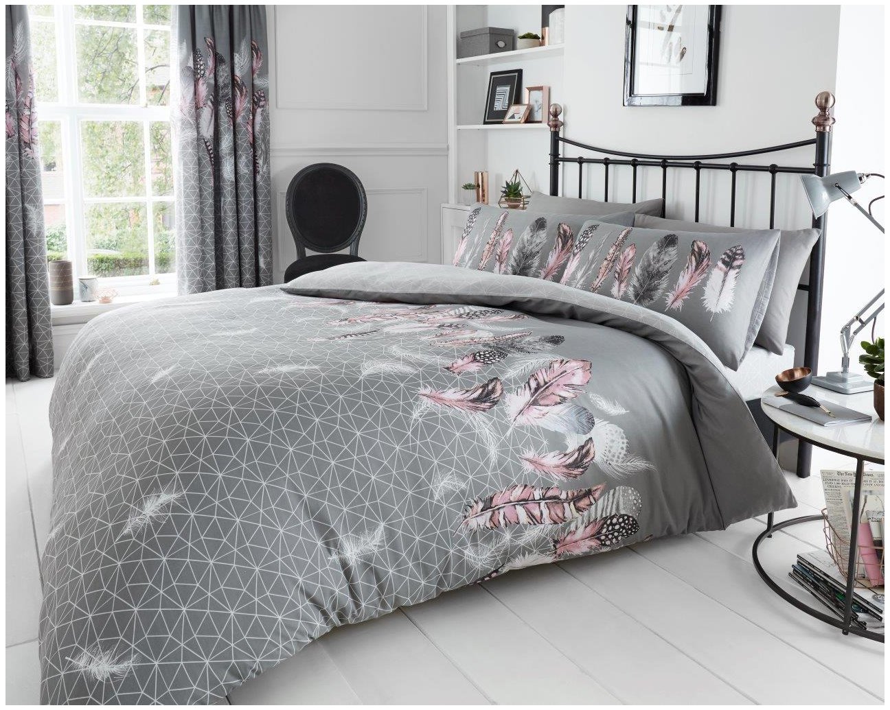 Comfy FEATHERS Bed Set with Duvet Cover and Pillow Cases, Polyester-Cotton, Grey, King