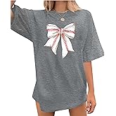 Baseball Shirt Women Oversized Baseball Mom Shirts Baseball Bow Graphic Tshirt Game Day Baseball Fan Gifts Short Sleeve Tops