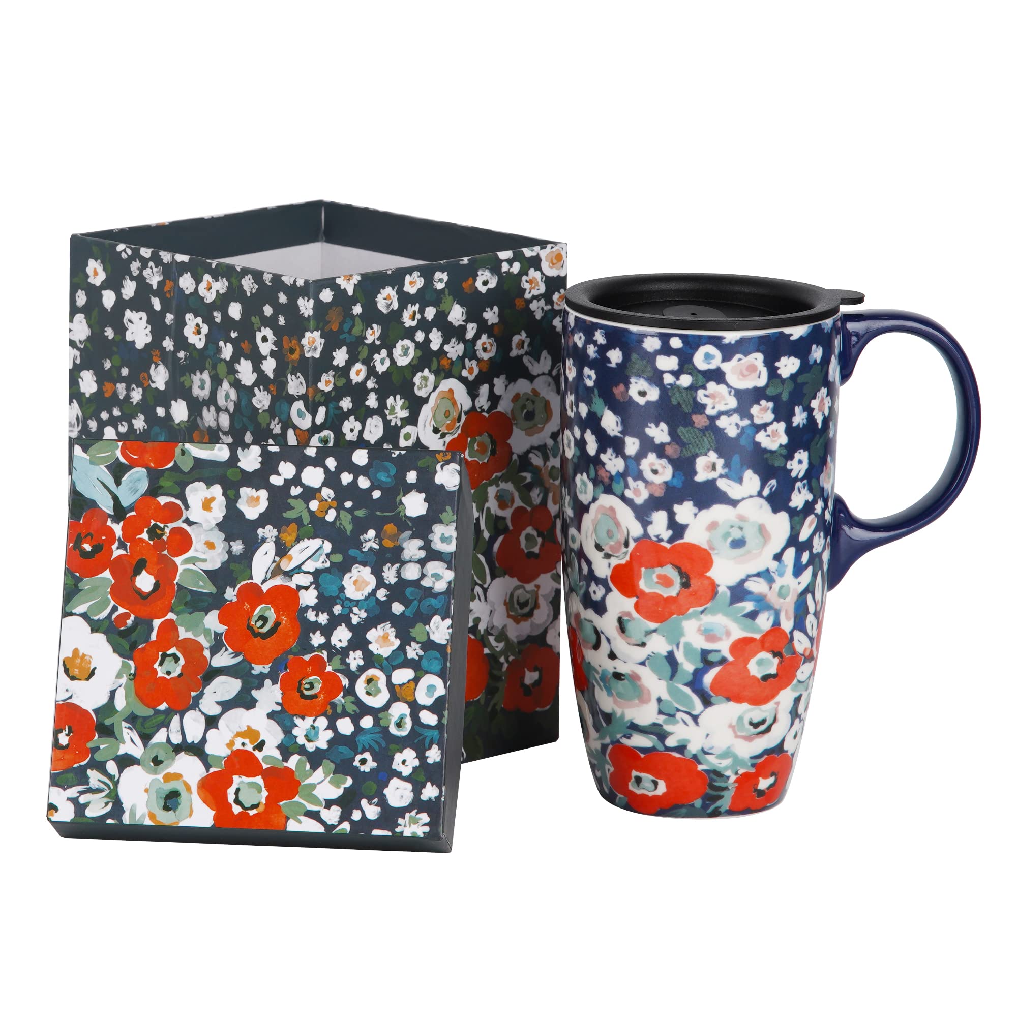 Topadorn Ceramic Travel Mug with Lid Coffee Mug with Gift Box Latte Mug Coffee Cup, 17oz Large Capacity Mug Home Office Gift, White Flower