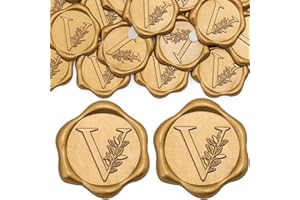 SWANGSA 50 Pack Letter V Wax Seal Stickers, Antique Gold Botanical Leaves Initial Alphabet Self-Adhesive Wax Stickers, Wedding Party Invitation Envelope Wax Seal Stickers
