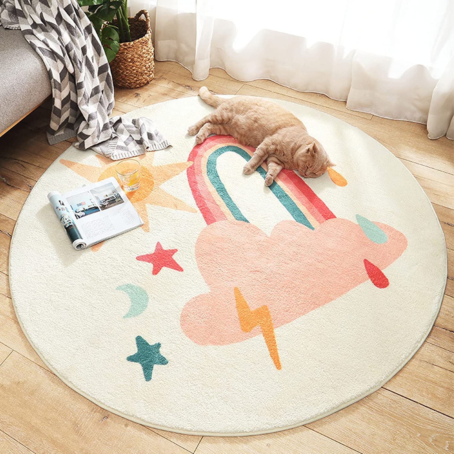 USTIDE Soft Round Rainbow Rug, Washable & Foldable 4ft Children's Decor Non Slip Kids Living Room Rug