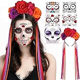 HOWAF Day of the Dead Women Costume - Dia de los Muertos Rose Flower Crown Sugar Skull Face Tattoos Skeleton Face Gem, Mexican Floral Headpiece Day of the Dead Faces Tattoos for Halloween Cosplay
