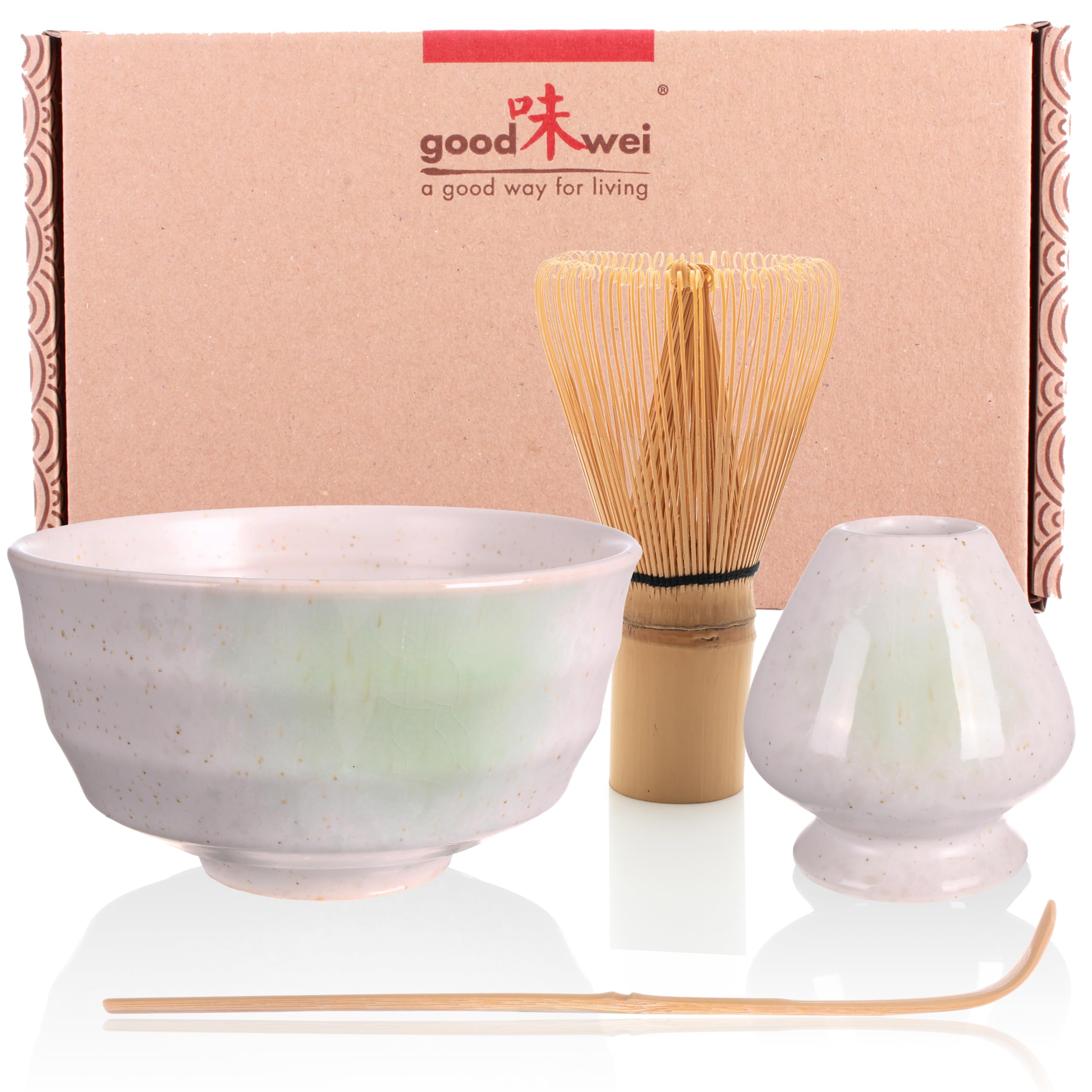 Goodwei Matcha Set with Ceramic Matcha Bowl (6 fl.oz) and Whisk Holder | Bamboo Whisk and Spoon| Matcha Gift Set Box (Shiro)