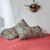 Gold Green Pillowcases 2 Pieces Retro Floral Bed Pillow Shams-100% Cotton Standard Queen Boho Pillow Covers with Button,Soft,Luxury,Comfortable (20"×26",2 Pieces)