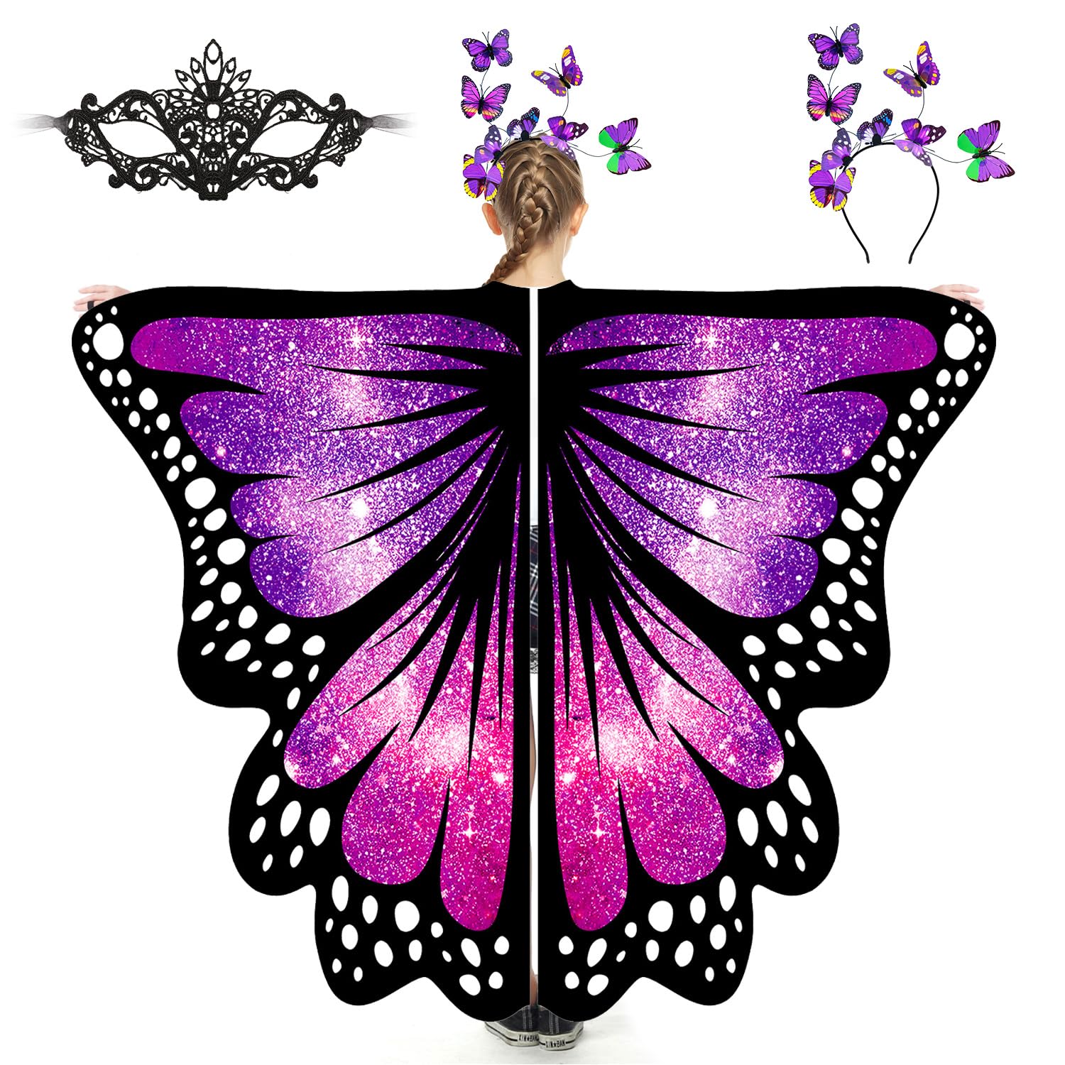plainshe Butterfly Wings for Girls, Butterfly Costume for Halloween, Fairy Wing Kids, 3PCS Butterfly Cape Set (Purple Starry Sky)