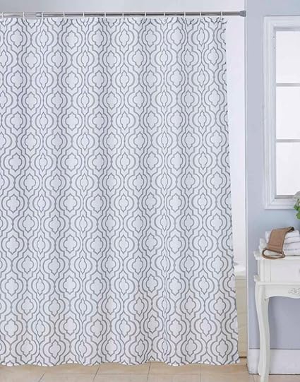 Bianca Waterproof Printed Polyester Shower Curtain with 12-pieces Plastic Hooks (White and Brown)