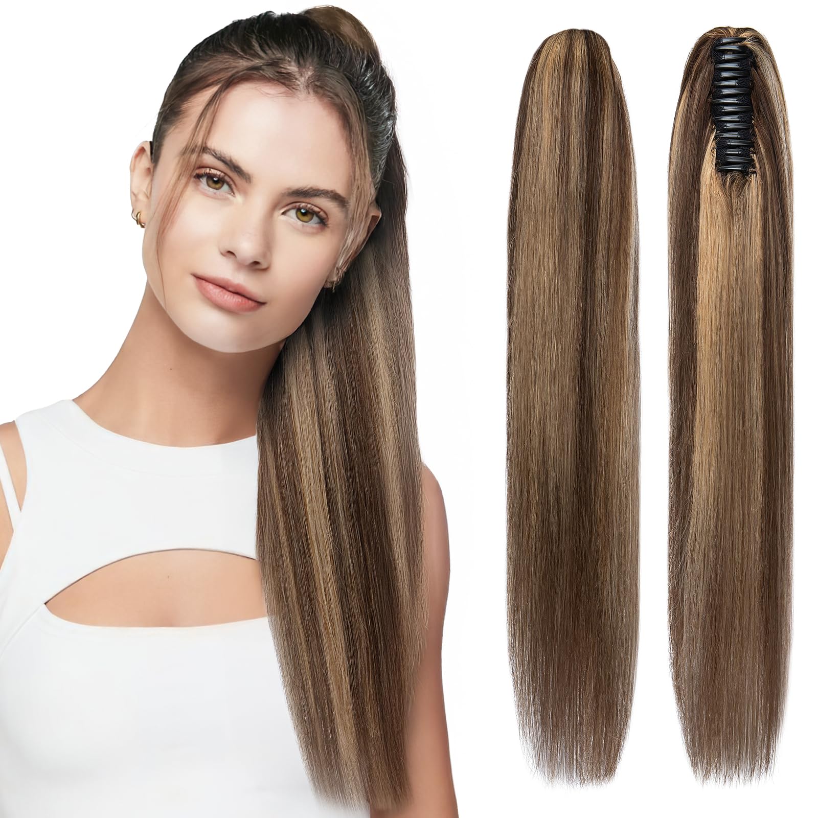 SEGOHAIR Claw Clip Ponytail Hair Extensions Human Hair, 16 Inch Ponytail Extension Natural Real Hair Straight Remy Hair Picecs-Dark Chocolate Brown with Strawberry Honev Blonde(115g） — image 1