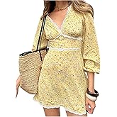 WDIRARA Women's Floral Bishop Sleeve Dress Lace Trim V Neck Flowy A Line Dresses Vacation Sundress