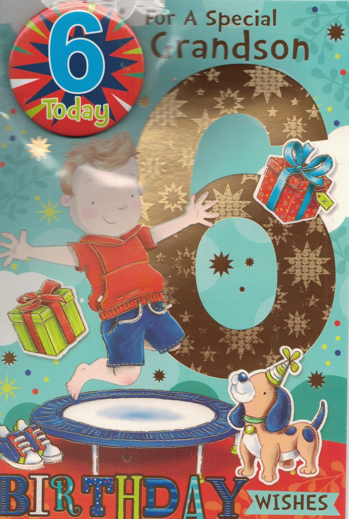 GRANDSON AGE 6 SIX BIRTHDAY CARD WITH BADGE**9 X 6 INCHES**1ST CLASS POST**AE7**