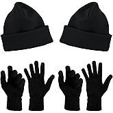2-Sets Beanies & Touch Screen Gloves, Soft Thick Winter Thermal Plush Toboggan Skull Cap Men Women