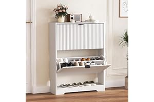 HUANLEGO Shoe Cabinet Storage for Entryway with 2 Flip Drawers, White Fluted Shoe Cabinet with Open Storage, Wooden Hidden Shoe Rack Freestanding Narrow Slim Shoes Organizer for Hallway, Entrance