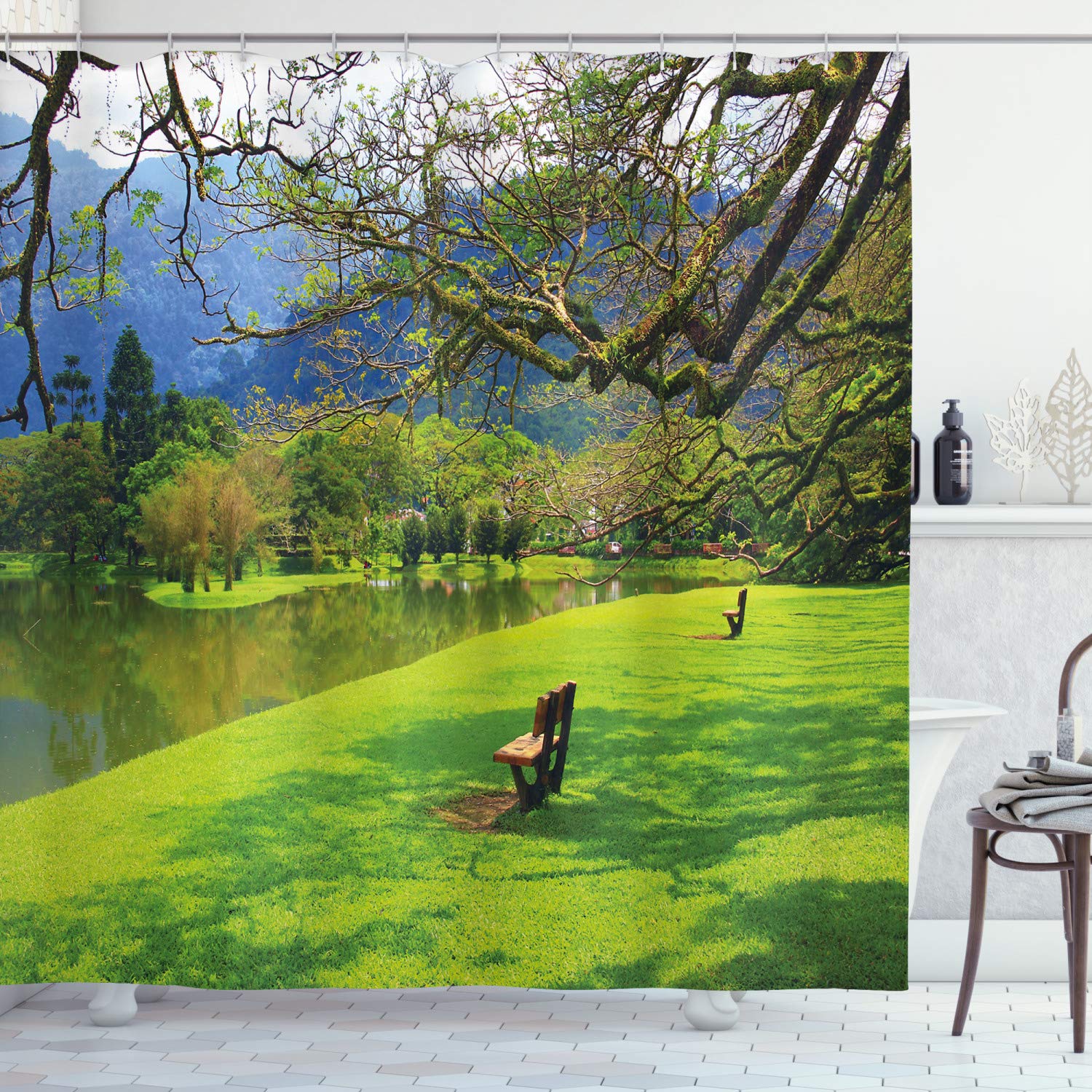 ABAKUHAUS Nature Shower Curtain, Panoramic View of Public Lake Garden at Park Idyllic Landscape, Cloth Fabric Bathroom Decor Set with Hooks, 70 Inches, Lime Green Violet Blue