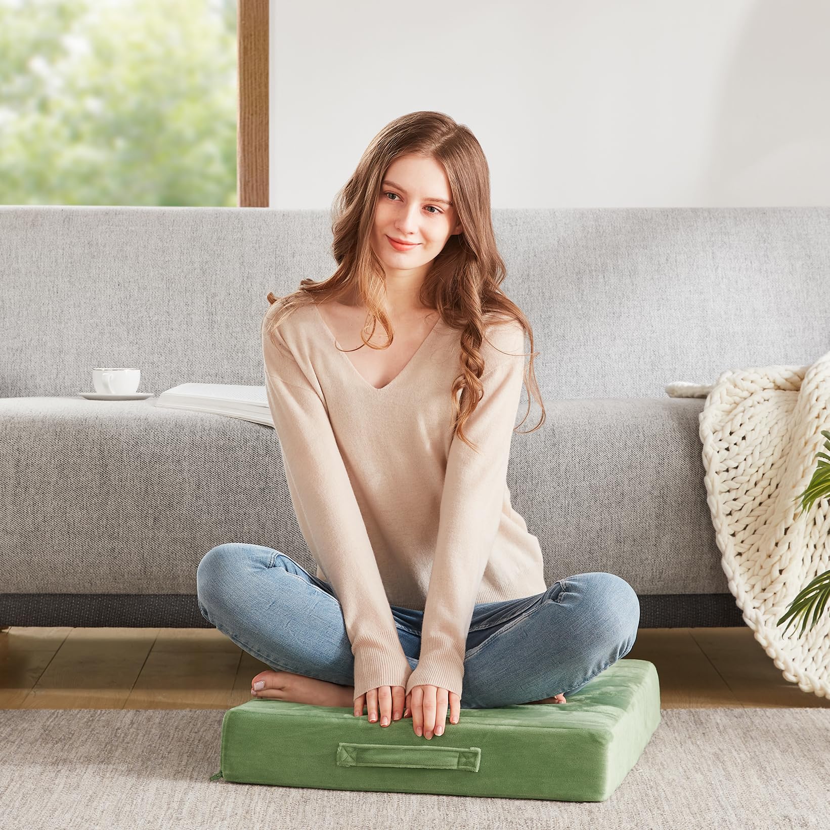 Codi High Density Foam Floor Pillow 2 Sets, Large Meditation Cushions Seating for Adults and Yoga Sitting, Washable Thick Couch Cushion with Soft Tufted Covers - 22 * 22 * 5inch Green - Image 9