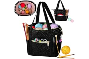 Veirdro Crochet Bag Organizer for Yarn Storage, Velvet Knitting Tote Bag with Double Handle for Crochet Accessories, Portable Travel Case for Yarn Balls, Crochet Hooks& Knitting Needles Holder (Black)