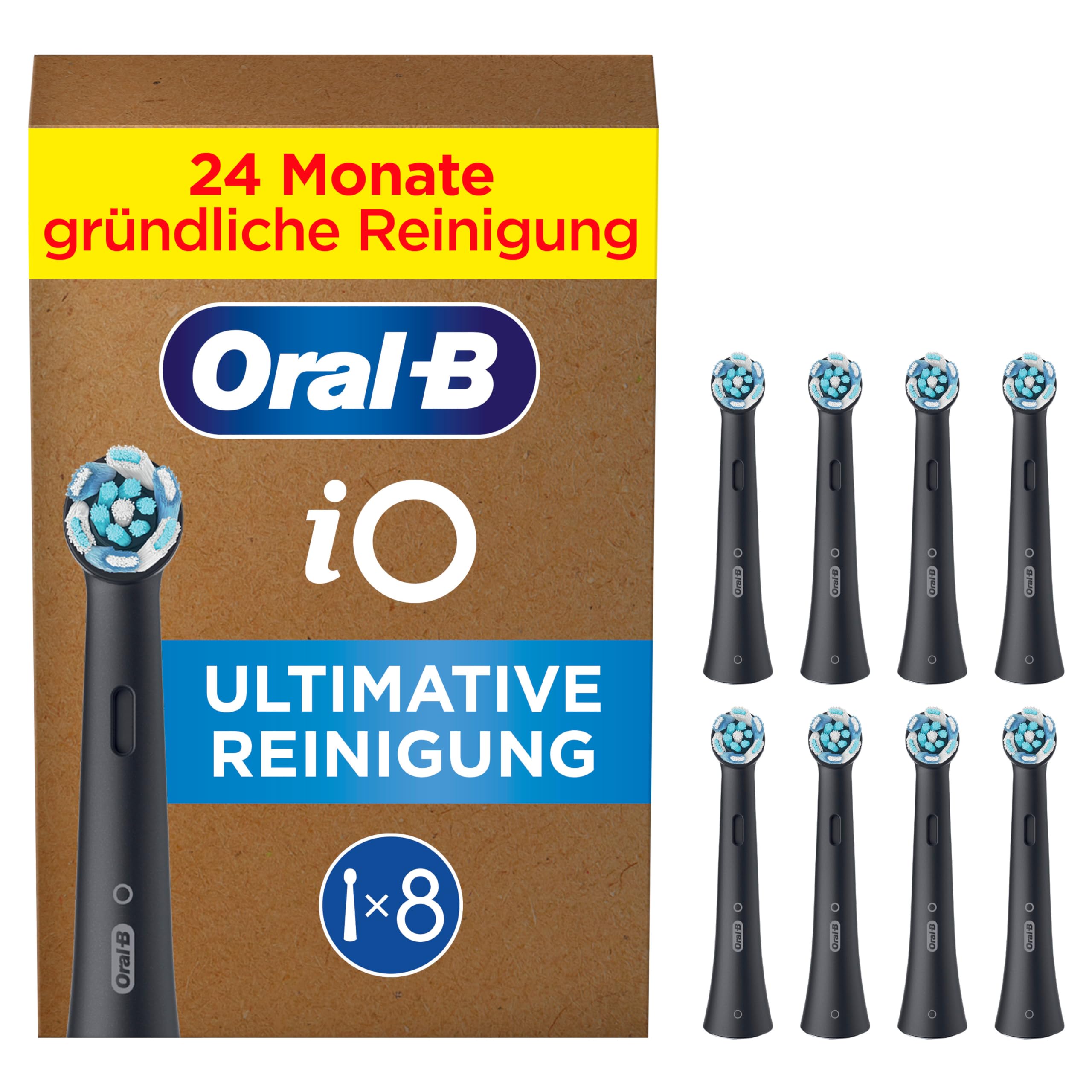 Oral-B iO Ultimative Reinigung Aufsteckbürsten — ORIGINAL Zahnbürstenaufsatz für Elektrische Oral-B iO Zahnbürsten — Ersatzbürsten, Bürstenköpfe — Tiefenreinigung & Plaqueentfernung — Schwarz, 8 Stück