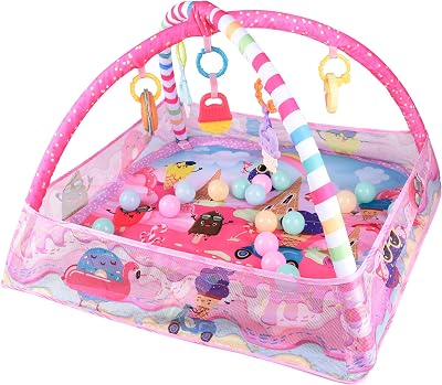 Bebamour Baby Playmat Floor Gym 0-24 Months 80x80cm 18 Balls 5 Toys Pink