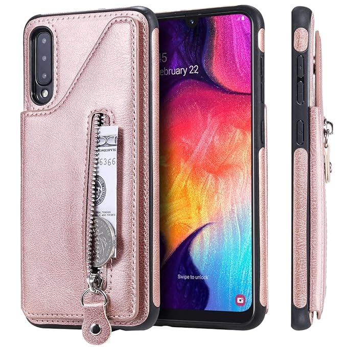 Cell Phone Cases for Galaxy A50 Solid Color Double Buckle Zipper Shockproof Protective Case