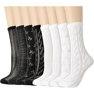 soxitoevy 8 Pairs Women Lace Ruffle Crew Socks Mesh Cotton Sock with Frilly | Ultra Thin Material, Thin Cool Semitransparent