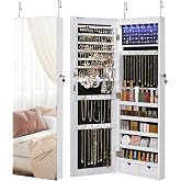 SONGMICS Mirror Jewelry Cabinet Armoire, Wall or Door Mounted, Lockable | Hanging Jewelry Storage, Frameless, with 6 LED Lights, Full-Length Mirror, White, BERIT Collection UJJC99WT
