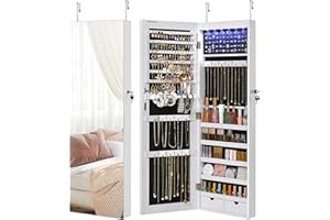 SONGMICS Hanging Jewelry Cabinet, Wall-Mounted Cabinet with LED Interior Lights, Door-Mounted, White UJJC99WT