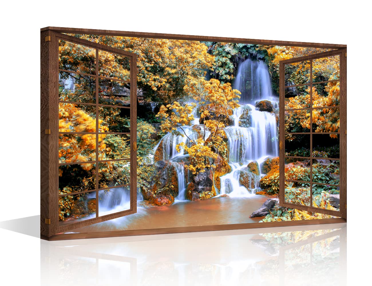 3D Open Wooden Window Wall Art Canvas Waterfall View Print Paintings Framed Home Decor Paintings to Hang on Walls for Living Room Bathroom Ready to Hang 16x24inch — image 1