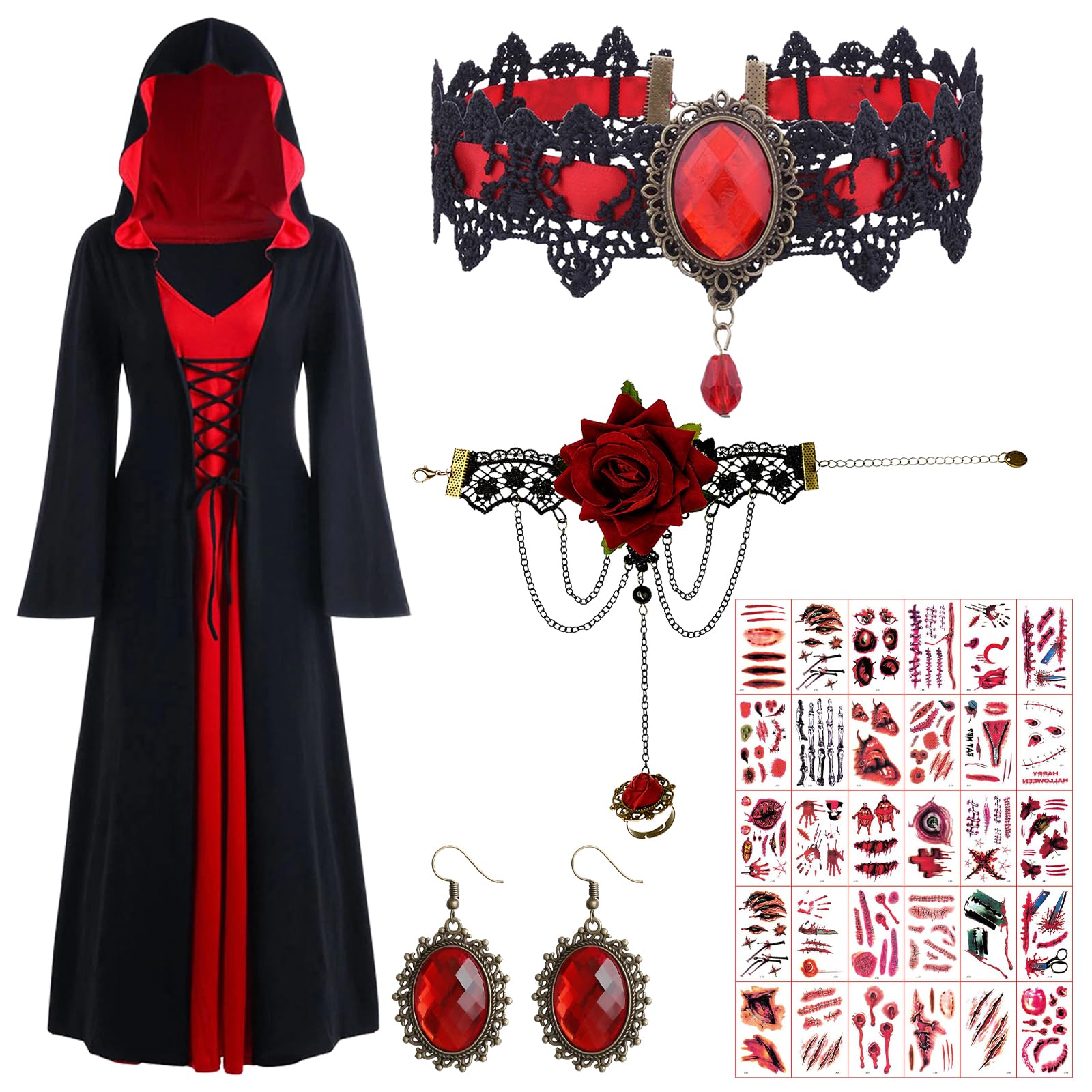 Saier tbo Halloween Vampire Costume Accessories, Vintage Witch Fancy Dress Set with Gothic Lace Choker Bracelet Earrings Scars Tattoos Hooded Medieval Dress Cosplay Outfits for Women Adult