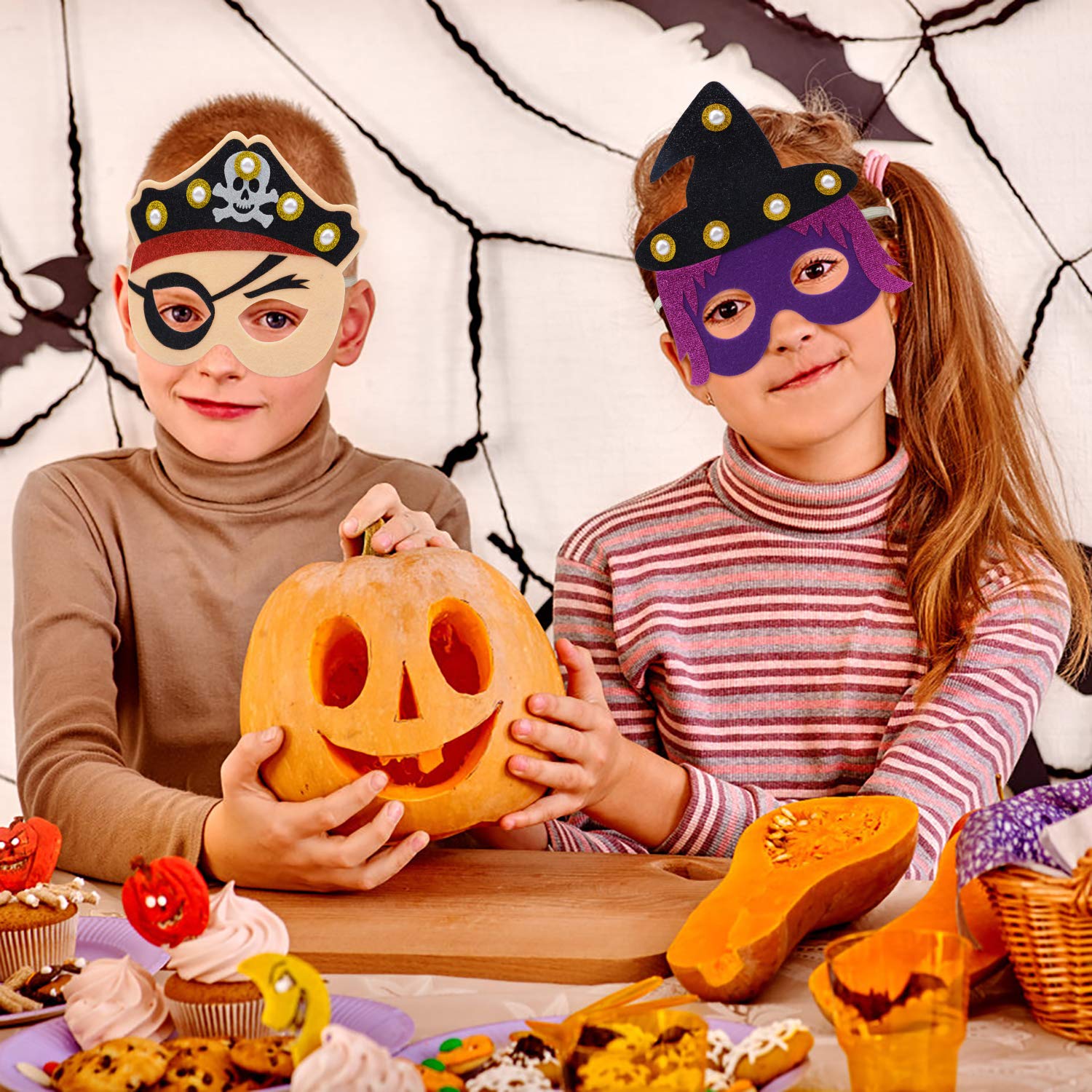 ZOYLINK Halloween Mask Kids Mask Felt Mask, LED Mask cosplay Mask Party Mask for Carnival Birthday Party Costume Ball to Play Pumpkin Pirate Witch Mask (6 Pack)