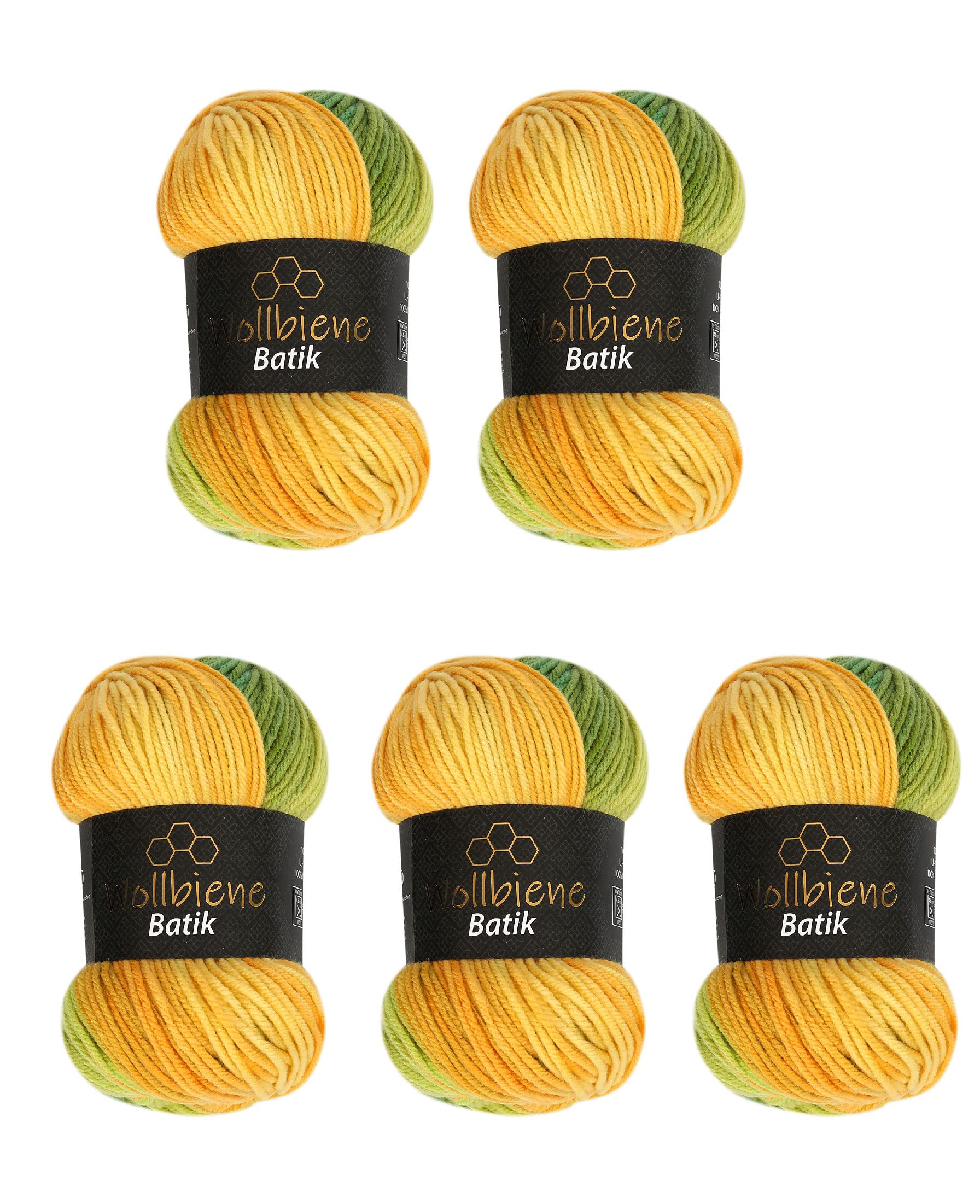 5 x 100 g Wollbiene Batik, 500 g Wool with Colour Gradient, Multicoloured Knitting Wool, Crochet Wool (1430 Green, Yellow, Orange)