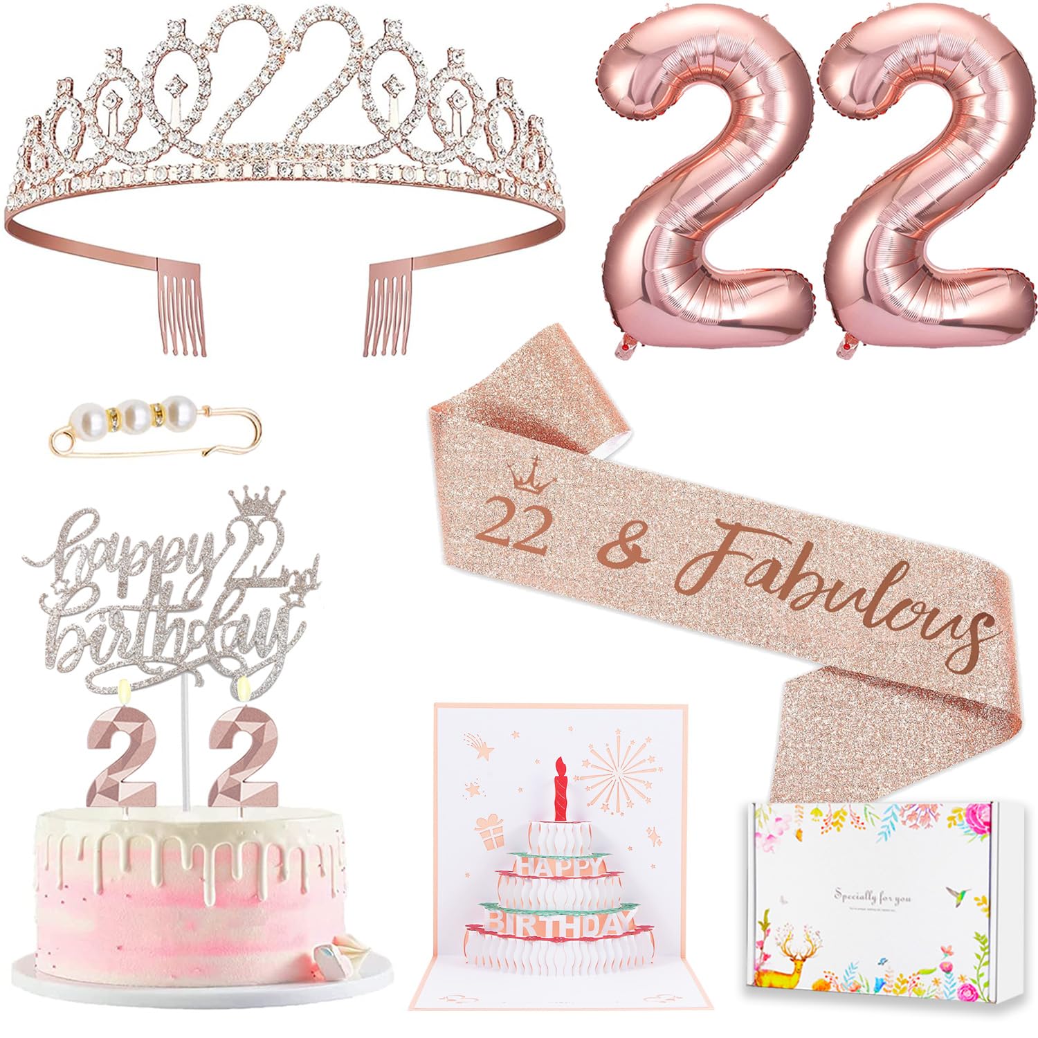 Photo 1 of 22nd Birthday Decorations for Her Girls Women, Including 22 year old Birthday Cake Topper, Birthday Queen Sash with Pearl Pin, Sweet Rhinestone Tiara Crown, Number Candles and Balloons Set, Rose Gold
