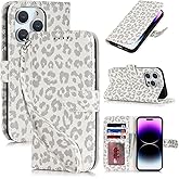 iCoverCase Compatible with iPhone 14 Pro Max Wallet Case with Card Holder and Wrist Strap, PU Leather Kickstand Magnetic Protective Flip Cover Case 6.7 Inch (White Leopard)
