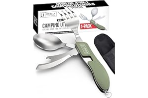 Orblue 4-in-1 Camping Utensils, 1-Pack, Portable Stainless Steel Spoon, Fork, Knife & Bottle Opener Combo Set - Travel, Backp