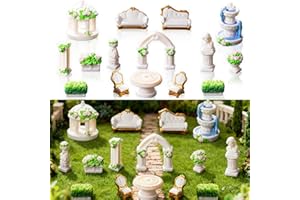 Exasinine 15 Pcs Mini Garden Furniture Ornaments, Micro Resin Patio Set with Table Chair Bench Arch Fountain Statues for DIY Fairy Garden and Home Micro Landscape Decor