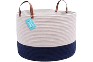 OrganiHaus Large Basket for Blankets 20x13, Woven Laundry Basket, Throw Blanket Basket for Living Room, Toy Storage Basket, Big Round Basket, Boho Blanket Bin & Pillow Holder for Bedroom, Blue