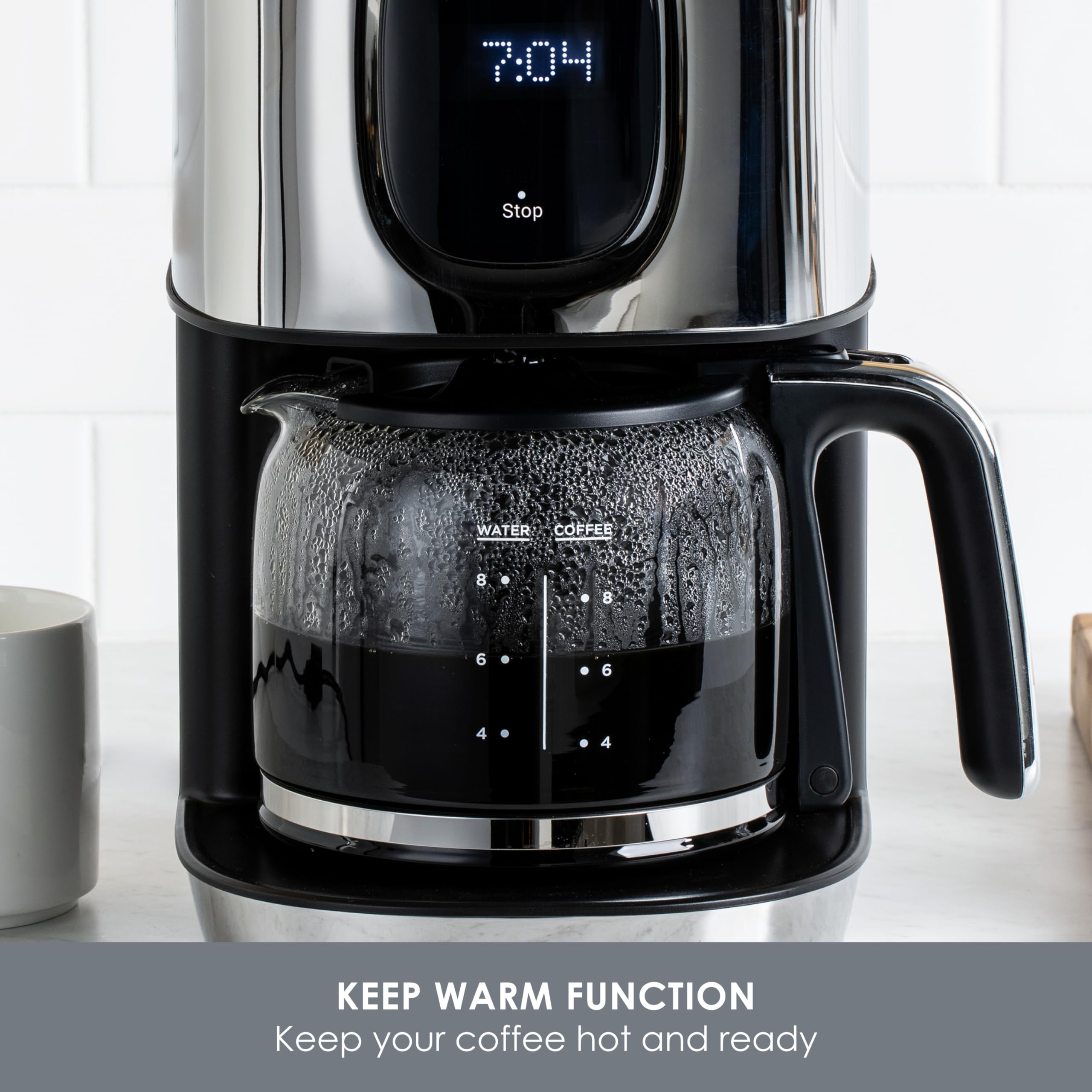 Cafetera Majestuo All-Clad de acero inoxidable, función mantener caliente, 1000 vatios, temporizador programable, tanque de agua extraíble, color plateado