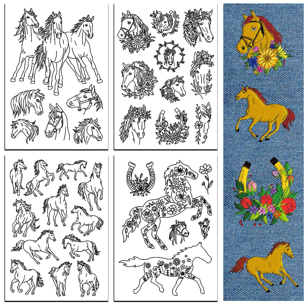 peacoblue Water Soluble Embroidery Patterns for Beginners 4 Sheets Horse with 34pcs Patterns, Wash Away Stick and Stitch Dissolvable Embroidery Paper for Hand Sewing Lovers Women Adult — image 1