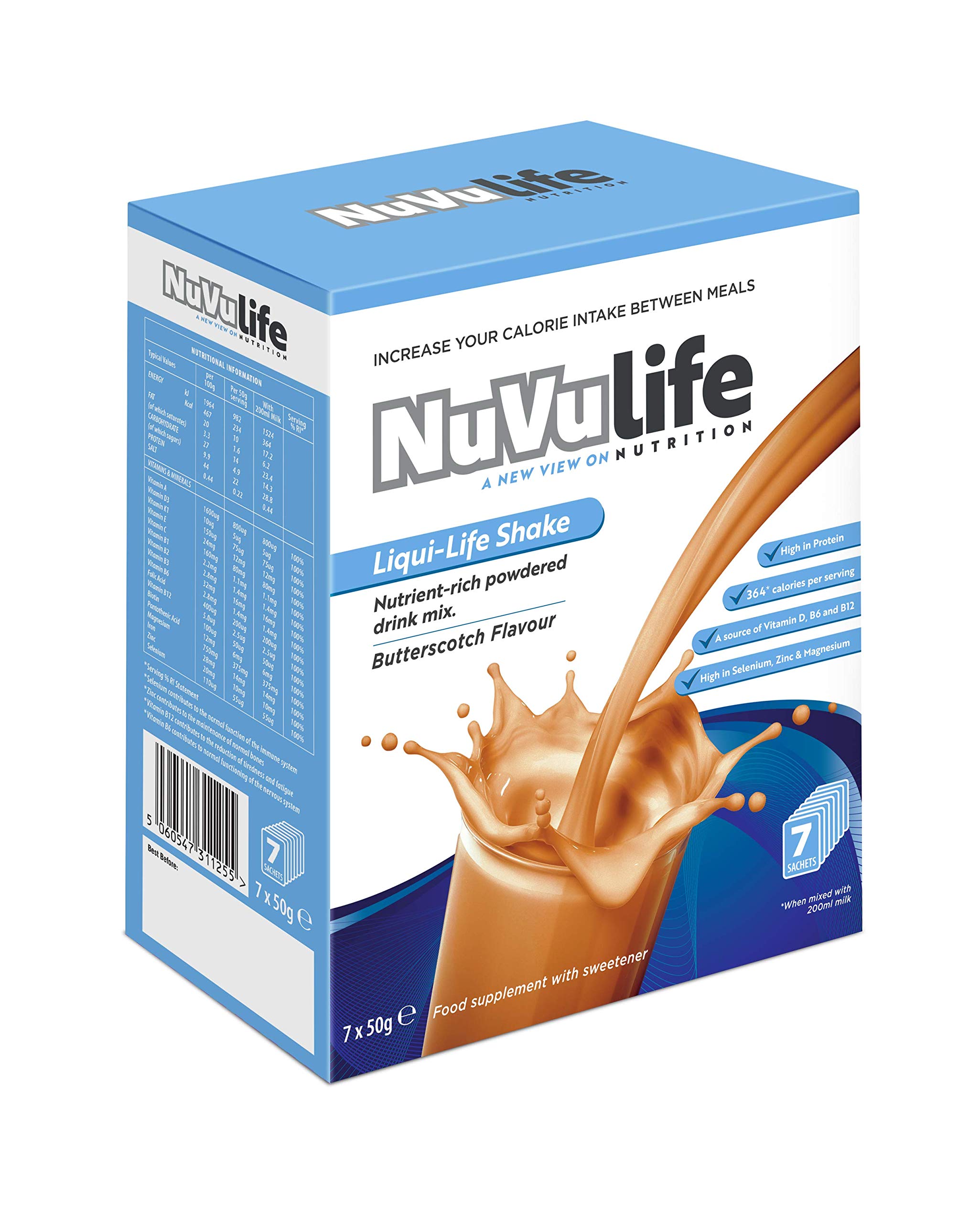 NuVu Life, Liquid-Life Shake. High Calorie, High Protein, Nutrient Rich Powdered Drink Mix for Weight Gain or Meal Replacement (Butterscotch, 7 Sachets)