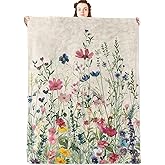jwyta Wildflower Flannel Blanket,Colorful Meadow Flower and Botanical Throw with Cream Background,Lightweight Fleece Blankets for Blossom Lover,Couch,Cabin,Bed,Camping Floral Decor Gifts,60x50in